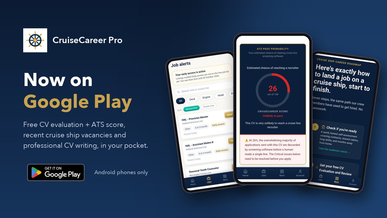 Cruise career app: CruiseCareer Pro on Google Play, shown on three Android phones