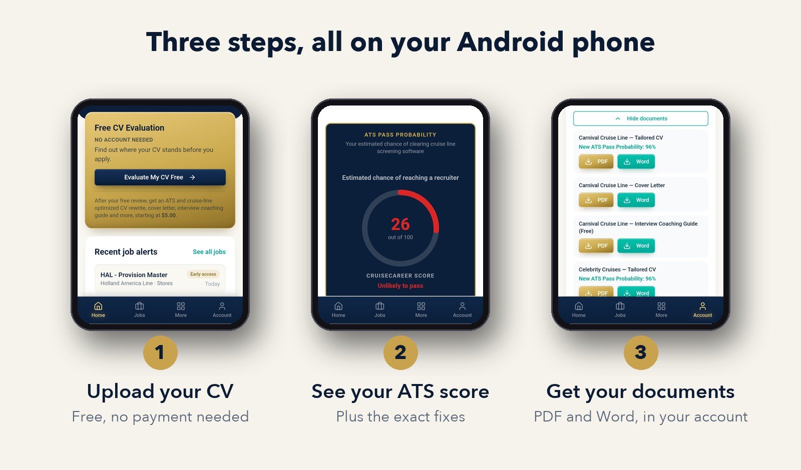 Cruise career app in three steps: upload your CV, see your ATS score, get your documents