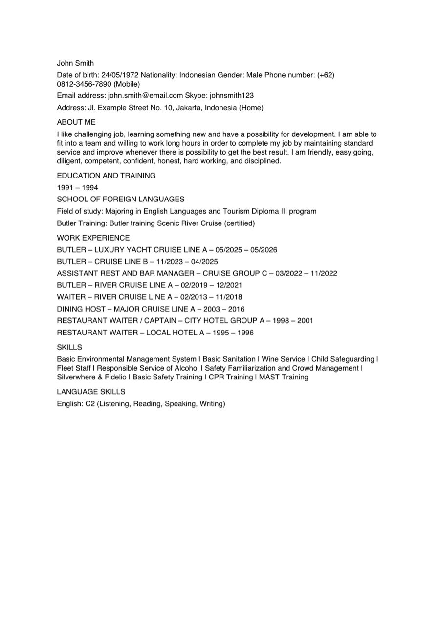 Typical self-written cruise ship CV before rewrite