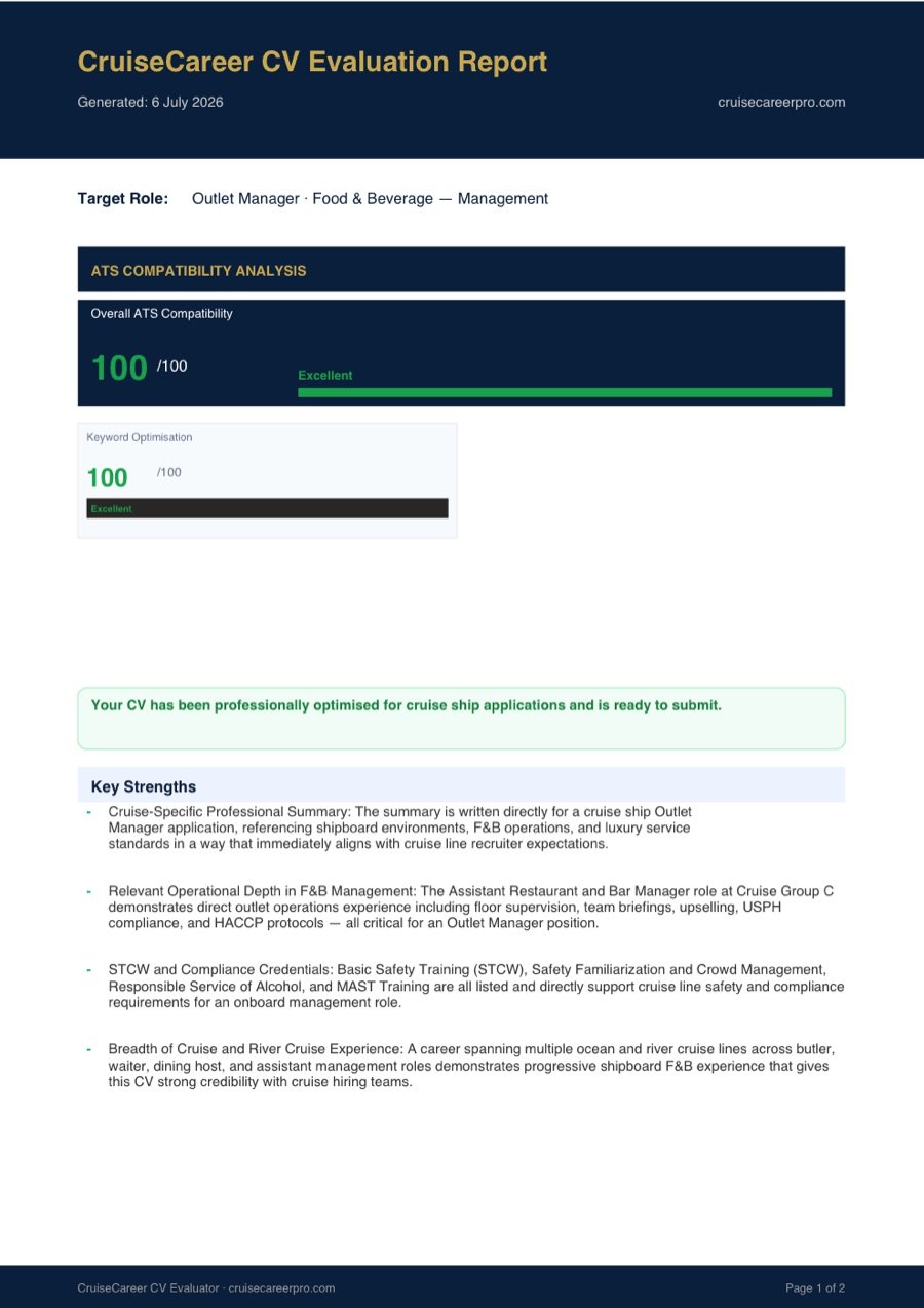 CruiseCareer CV evaluation report after rewrite, ATS score 100 out of 100, excellent